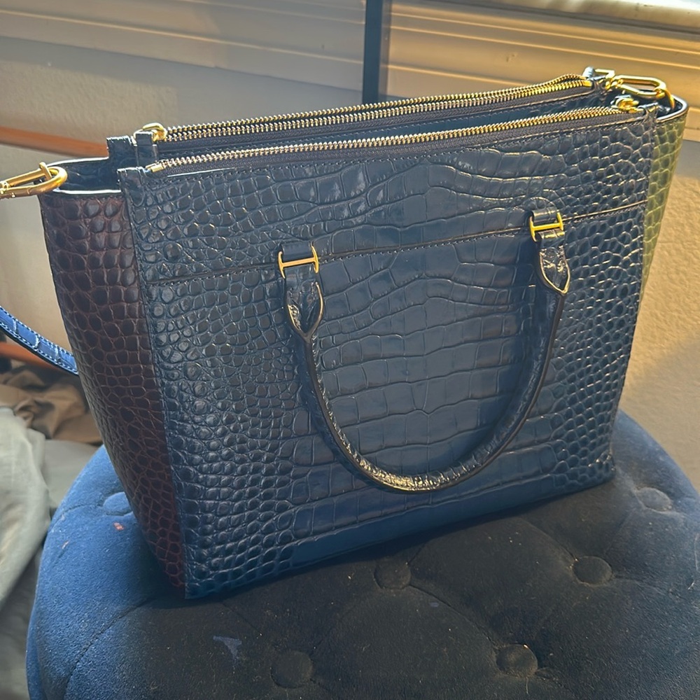 Fall Tory Burch Crossbody Parker Navy Crocodile Embossed Leather Satchel New